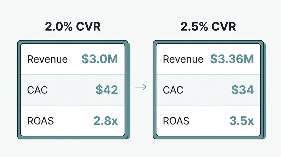 Before and after comparison showing revenue impact of a 0.5 percent conversion rate increase for a three million dollar DTC brand