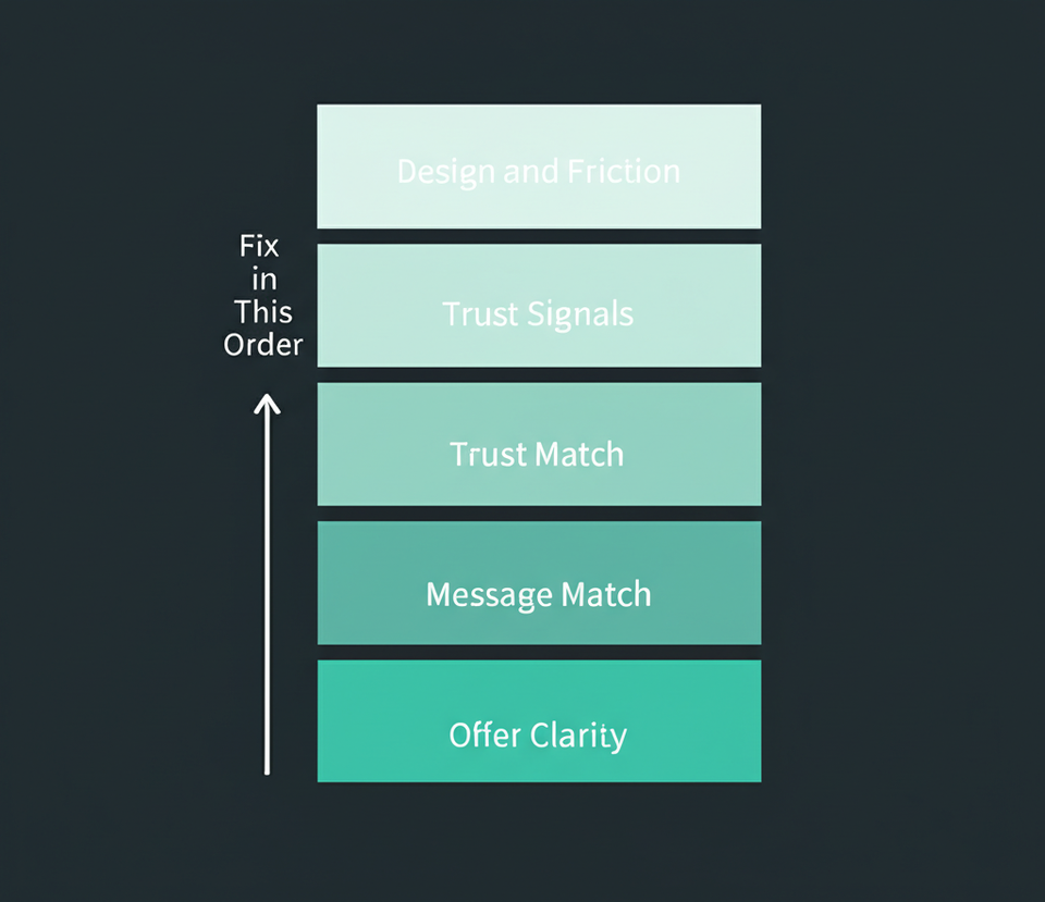 Stacked layer diagram showing four landing page diagnostic layers in priority order from bottom to top