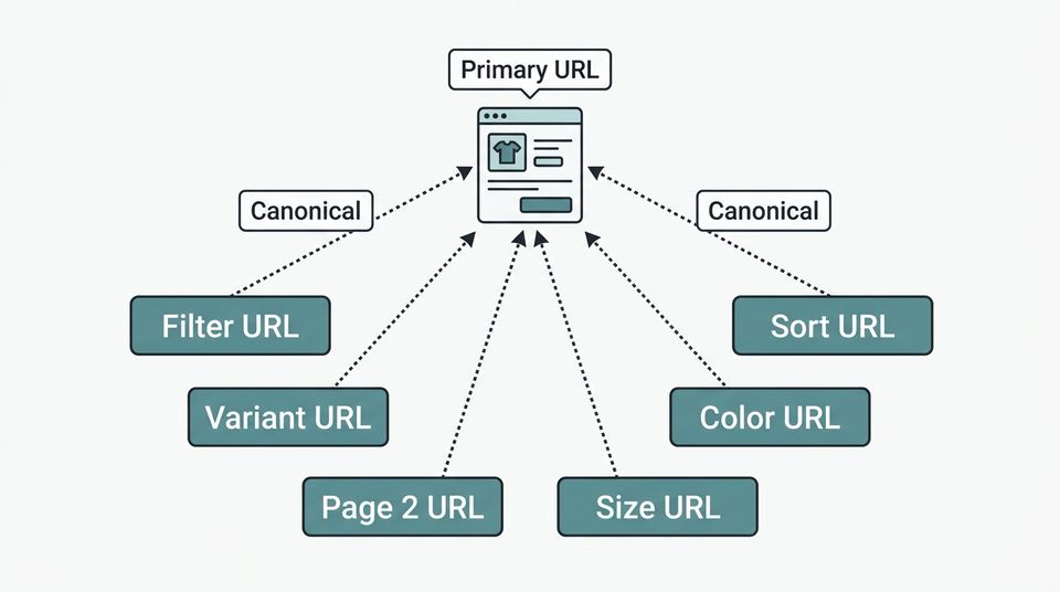 Diagram showing one product generating multiple duplicate URLs through filters and variants with canonical tags resolving them