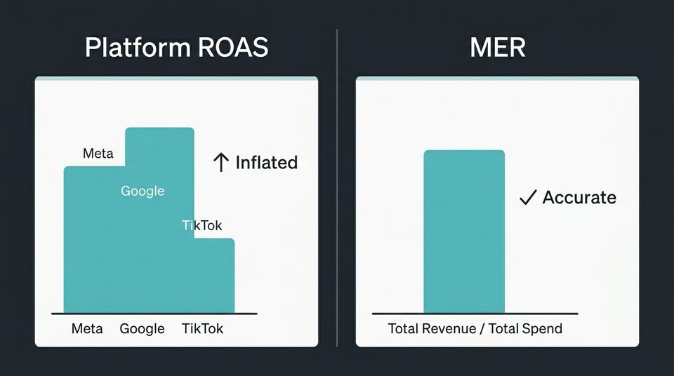 Two side-by-side charts comparing Platform ROAS measurement showing inflated single-channel data versus MER showing blended total revenue efficiency