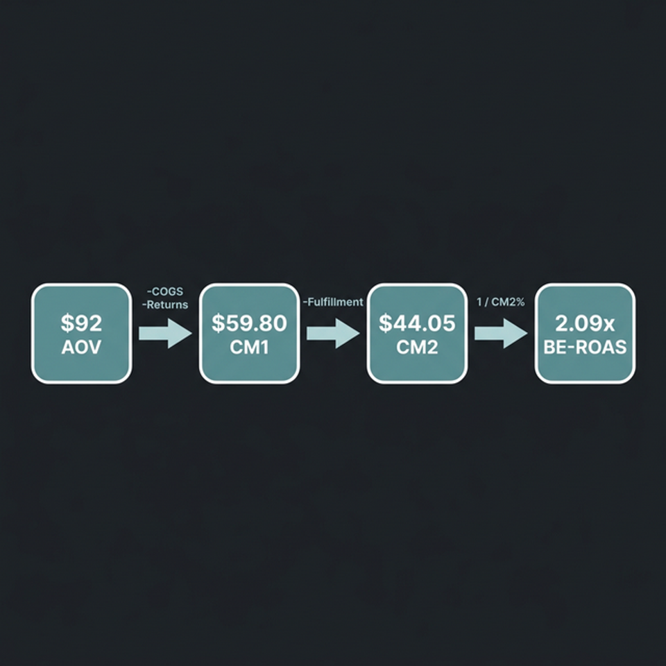 Calculation flow diagram showing $92 AOV to $59.80 CM1 to $44.05 CM2 to 2.09x break-even ROAS with cost deductions labeled between each step