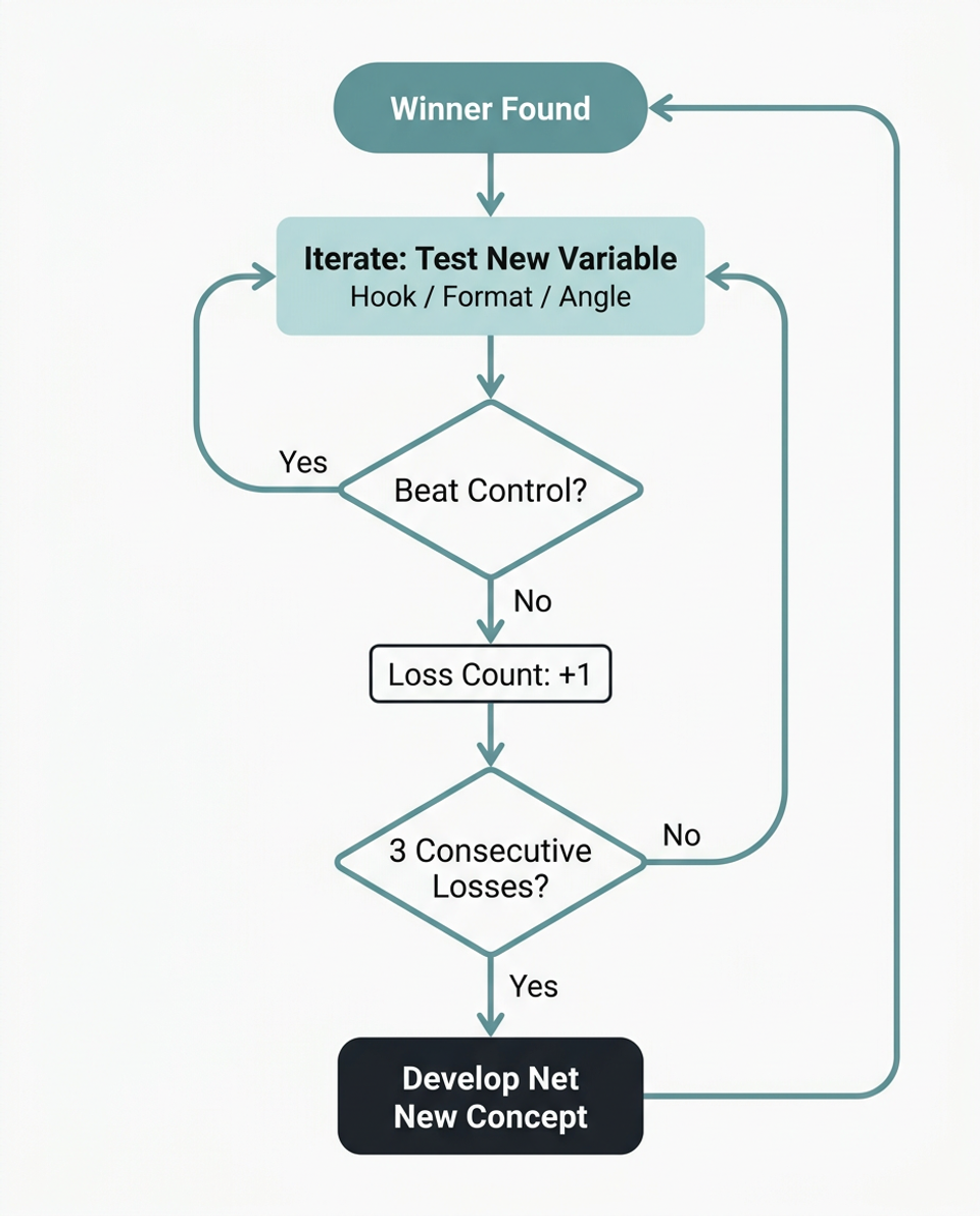Flowchart showing decision tree: winner found leads to iterate, three consecutive losers triggers net new concept