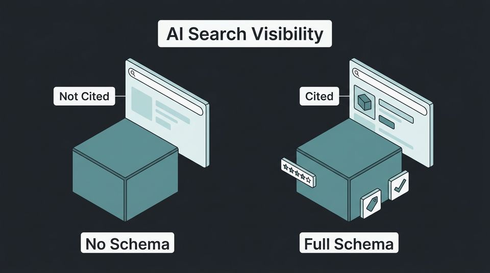 Side-by-side comparison showing a product visible in AI search results with schema markup versus an invisible product without it