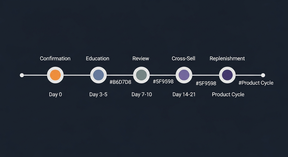 Timeline showing five post-purchase email stages from order confirmation at day zero to replenishment reminder based on product cycle