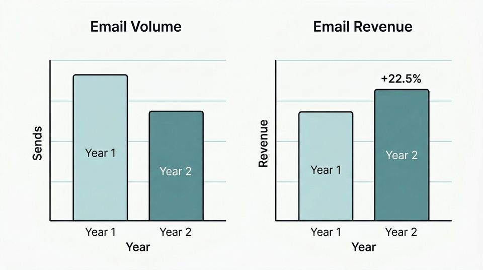 Bar chart comparing year-over-year BFCM email revenue showing higher revenue from fewer sends