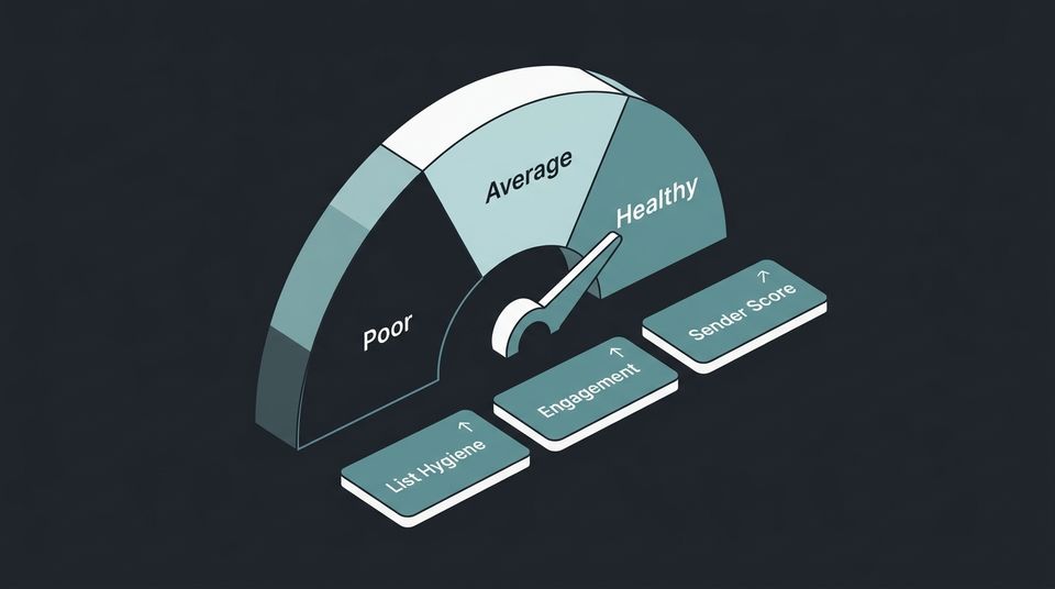 Gauge illustration showing email deliverability health indicators and the impact of list hygiene on inbox placement
