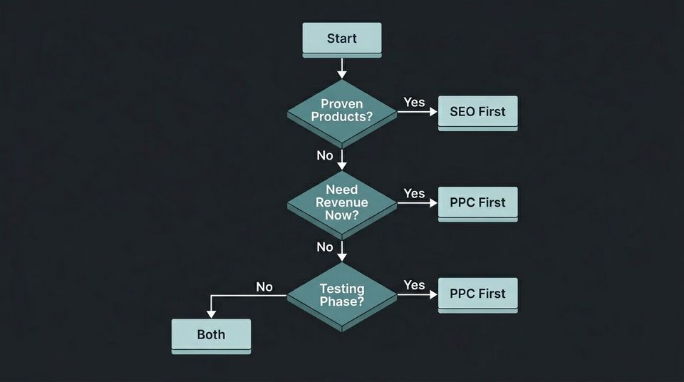 Flowchart with decision nodes for choosing between SEO and PPC based on business stage, revenue needs, and product-market fit