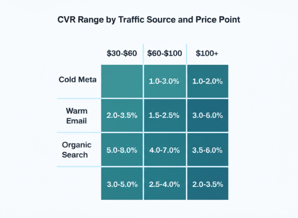 Grid chart showing CVR ranges by traffic source and product price point for DTC ecommerce