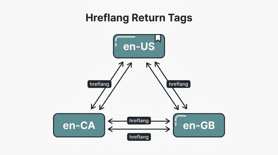 Flowchart showing hreflang tag implementation for a multi-region ecommerce store with US, Canada, and UK versions showing bidirectional return tag requirements