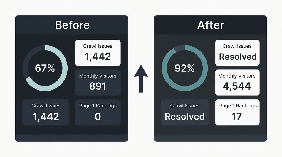 Before and after comparison showing site health improving from 67% to 92%, crawl issues resolved, and organic traffic growing from 891 to 4,544 monthly visitors