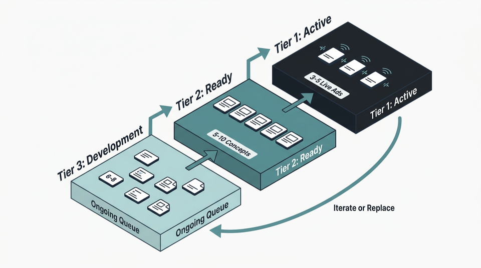 Pipeline diagram showing three tiers: Active with 3 to 5 ads, Ready with 5 to 10 concepts, and Development with ongoing queue