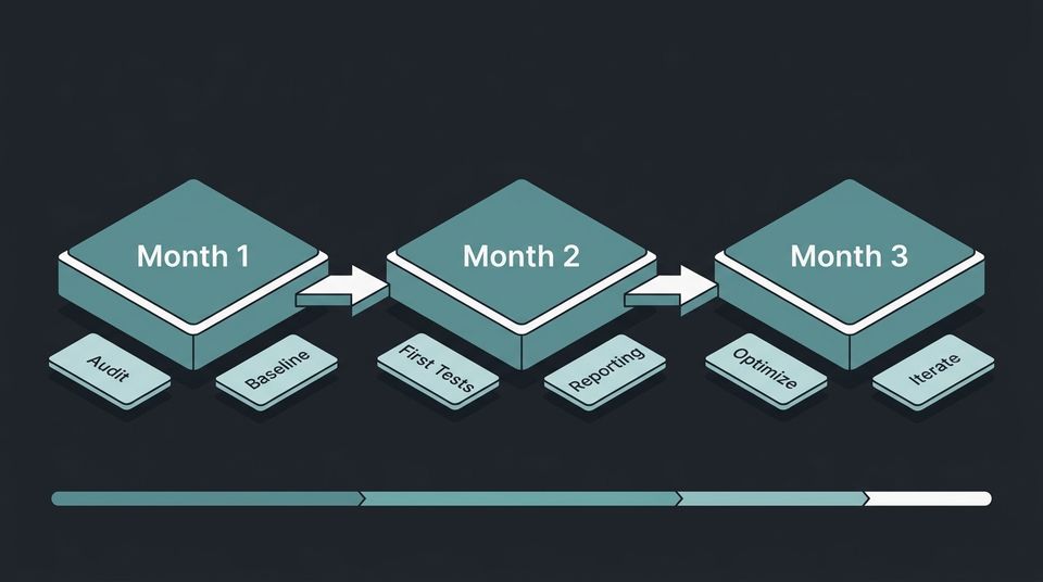 Timeline showing the three phases of a 90-day agency engagement with key deliverables under each month