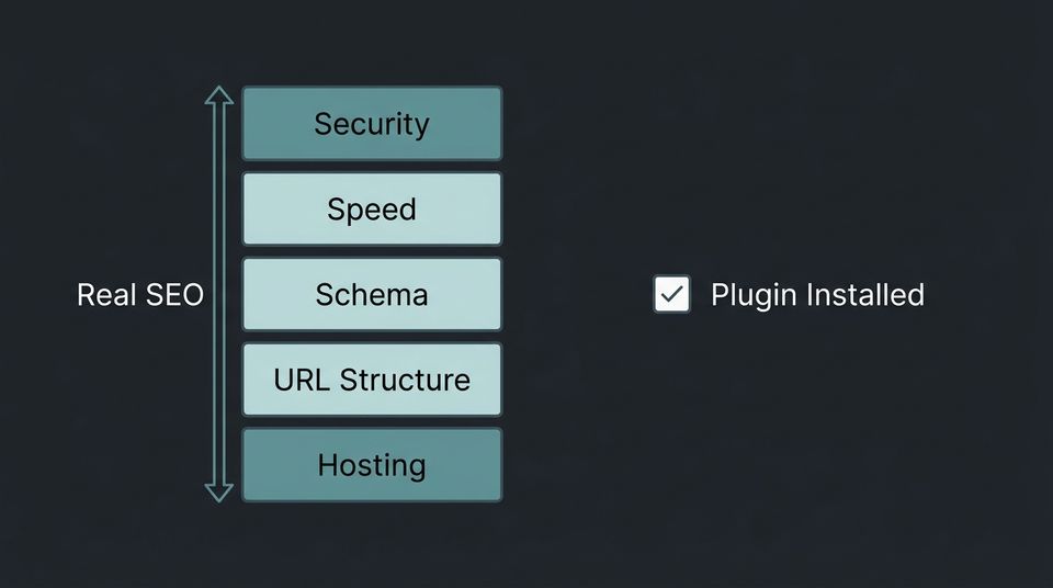 Comparison diagram showing five WooCommerce SEO layers versus a single plugin checkbox