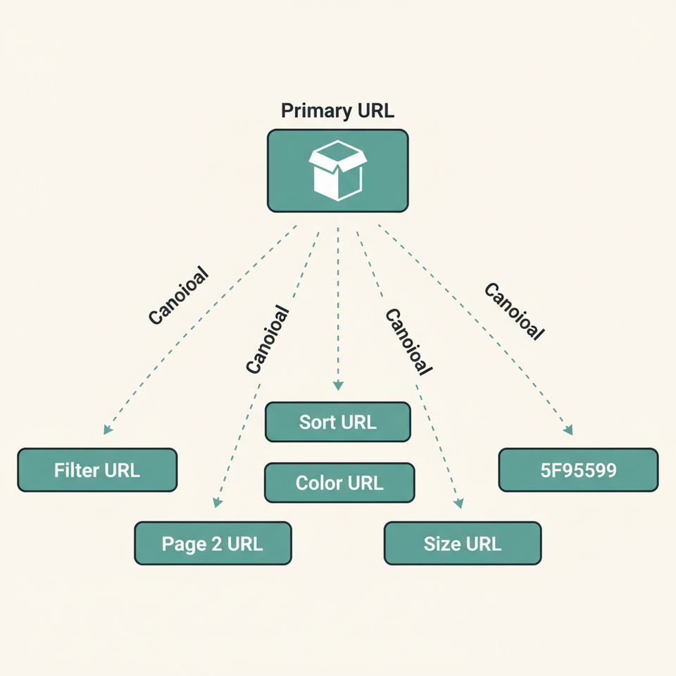 Diagram showing one product generating multiple duplicate URLs through filters and variants with canonical tags resolving them