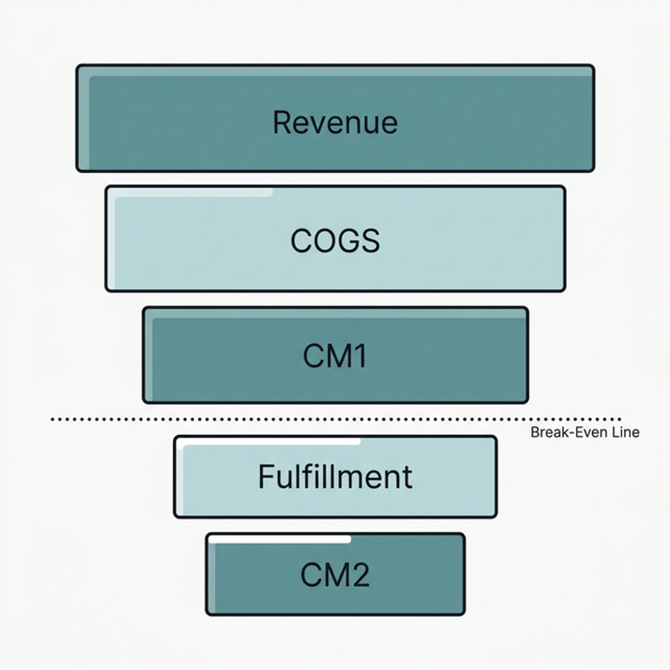 Illustrated P&L breakdown showing unit economics metrics including revenue, COGS, CM1, fulfillment costs, and CM2 for a DTC brand