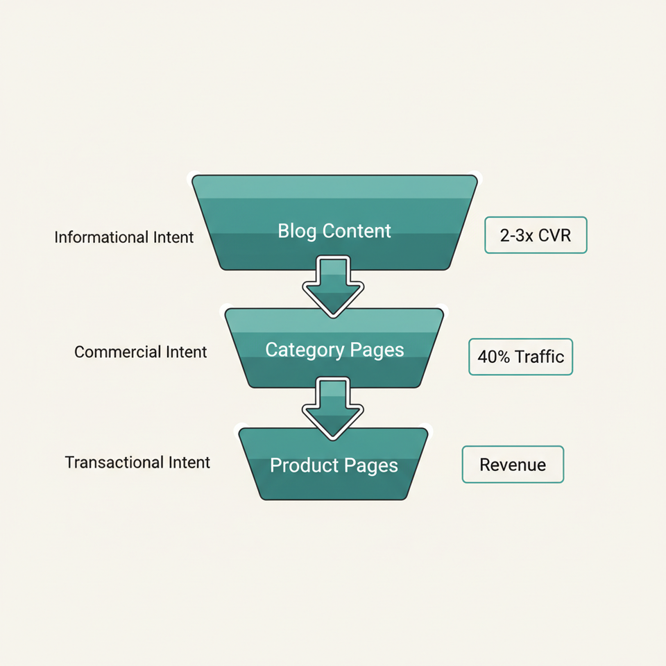 Content funnel showing blog articles feeding into category pages and product pages with conversion percentages at each stage