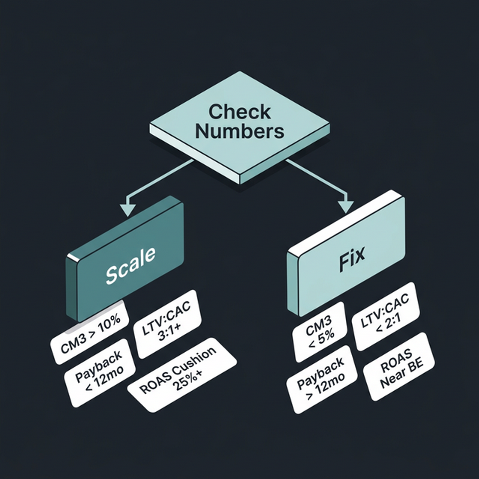 Flowchart showing a Check Numbers decision diamond branching into Scale and Fix paths with four threshold criteria listed under each