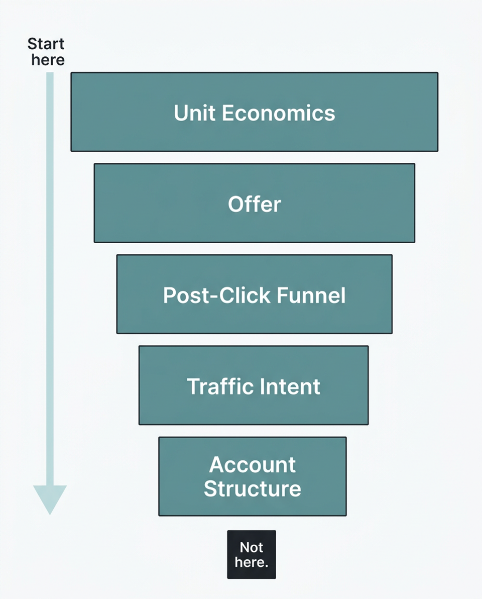 Five-layer diagnostic funnel showing investigation layers from unit economics at top to account structure at bottom