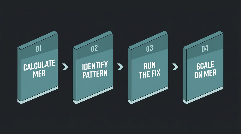 Four-step horizontal pipeline diagram showing the fix-first diagnostic sequence from calculating MER through identifying the signal pattern and running the fix to scaling on confirmed MER
