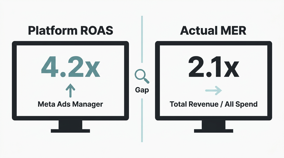 Split-panel comparison showing platform ROAS of 4.2x on the left versus actual Marketing Efficiency Ratio of 2.1x on the right, highlighting the attribution gap