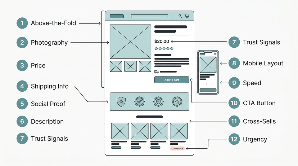 Annotated product page layout showing all twelve conversion elements with numbered labels in their optimal positions