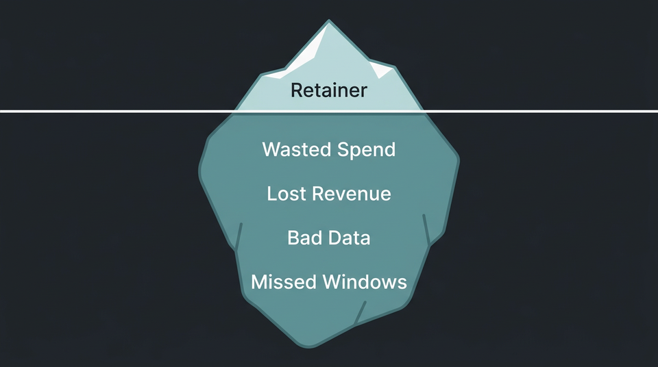 An iceberg with the small visible tip labeled Retainer above the waterline and a large submerged mass labeled Wasted Spend, Lost Revenue, Bad Data, and Missed Windows below