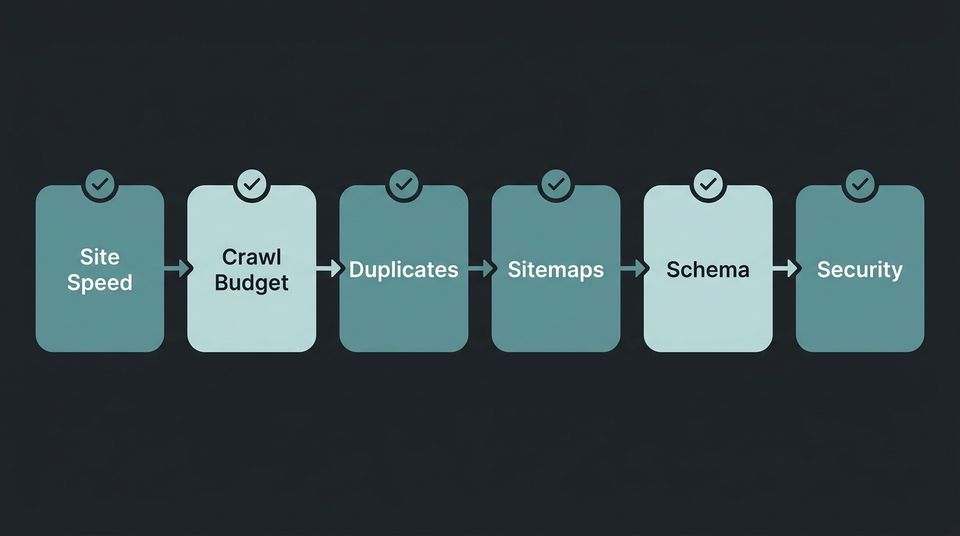 Diagnostic flow diagram showing six technical SEO categories for ecommerce: speed, crawl budget, duplicate content, sitemaps, structured data, and security
