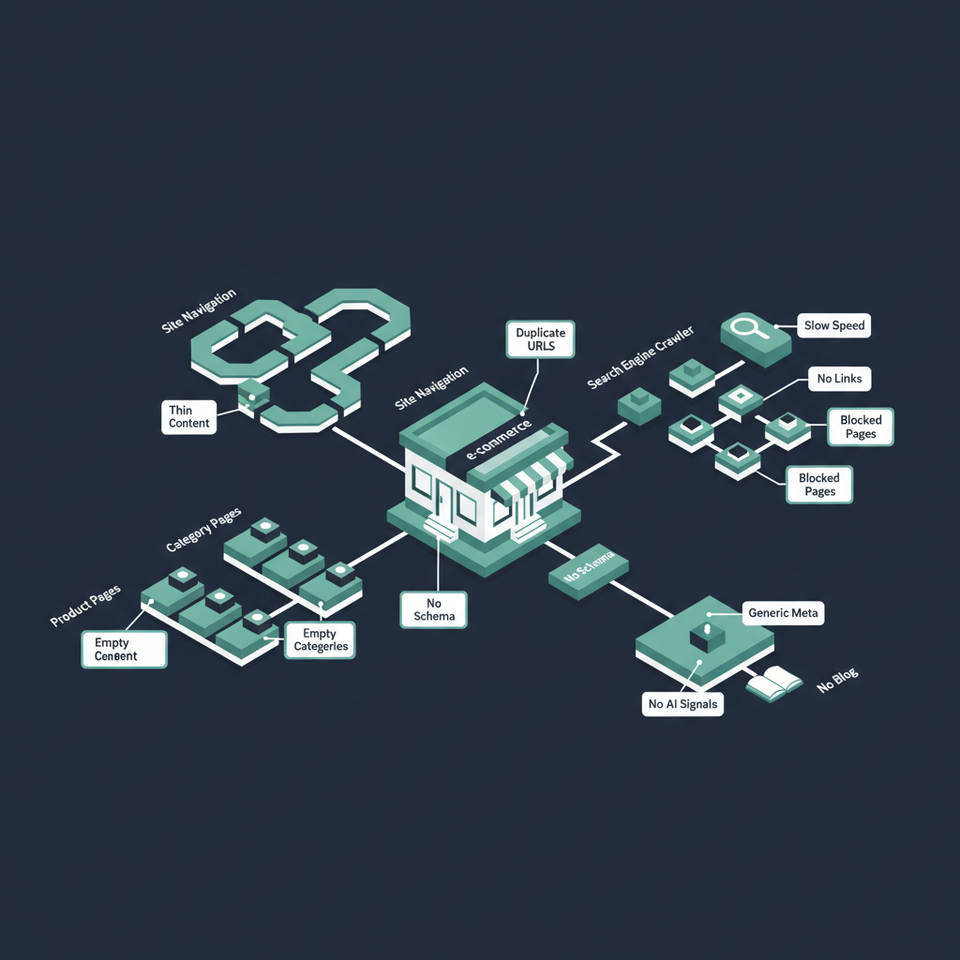 Isometric ecommerce storefront diagram showing 10 SEO problem areas across site architecture