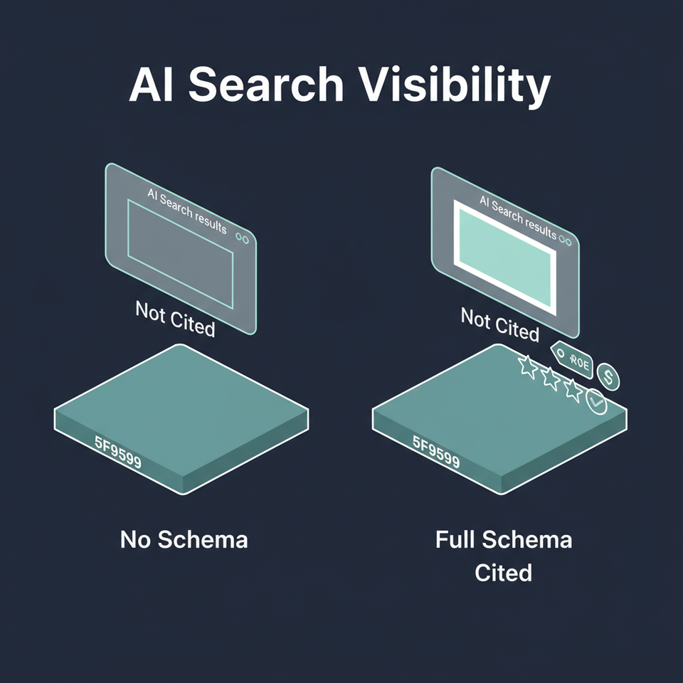 Side-by-side comparison showing a product visible in AI search results with schema markup versus an invisible product without it