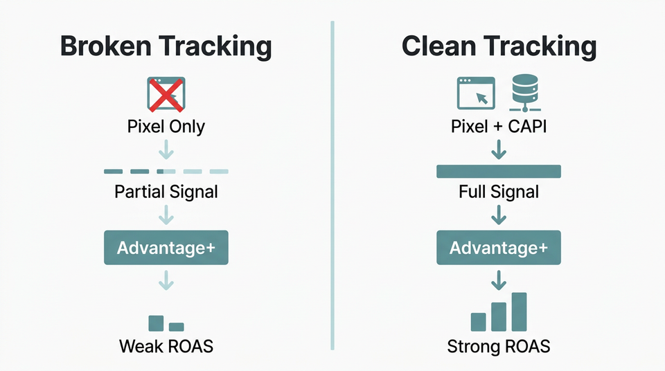 Data flow diagram comparing broken pixel-only tracking versus clean Conversions API tracking and their effect on Advantage+ optimization output