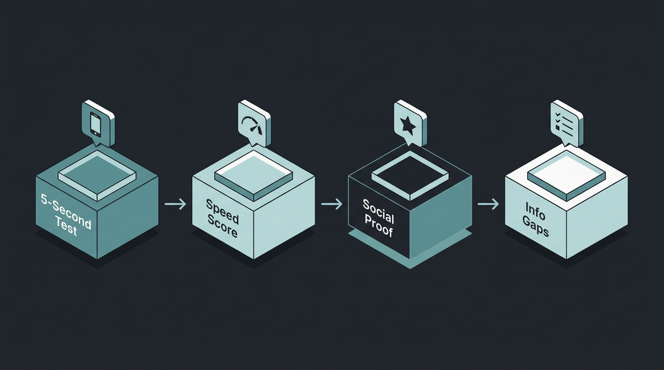 Four step product page audit sequence showing five second test, speed check, social proof audit, and information gap mapping