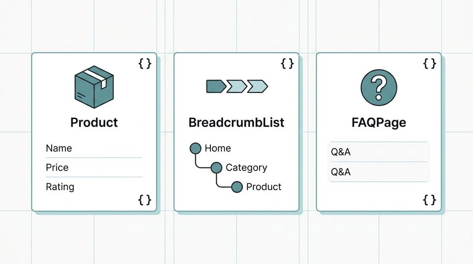Diagram showing Product schema on product pages, BreadcrumbList schema for site hierarchy, and FAQPage schema for category pages