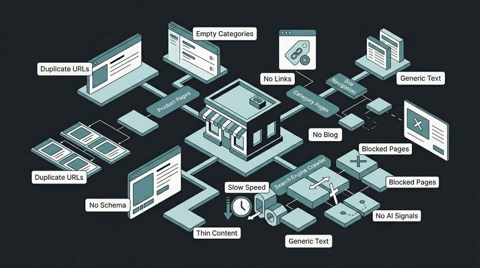 Isometric ecommerce storefront diagram showing 10 SEO problem areas across site architecture