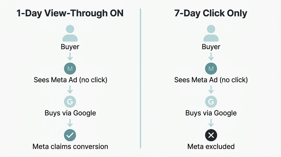 Side-by-side diagrams comparing view-through attribution claiming a non-click purchase versus 7-day click-only attribution correctly excluding it
