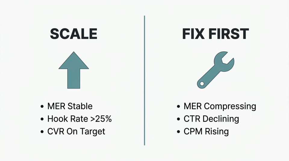 Split decision diagram showing two paths: Scale with upward arrow listing green-light signals, and Fix First with wrench icon listing diagnostic signals
