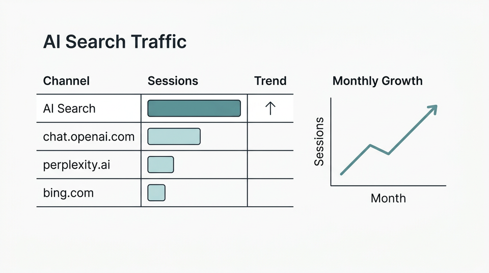 GA4 traffic acquisition dashboard mockup showing AI Search custom channel group with sources chat.openai.com perplexity.ai and bing.com