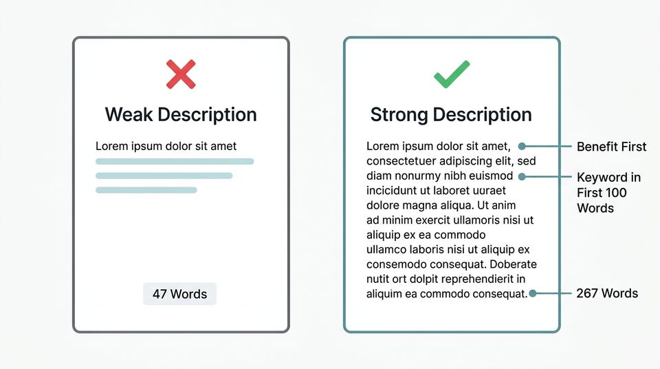 Side-by-side comparison of a weak product description and a strong product description with annotations showing keyword placement and benefit-led structure