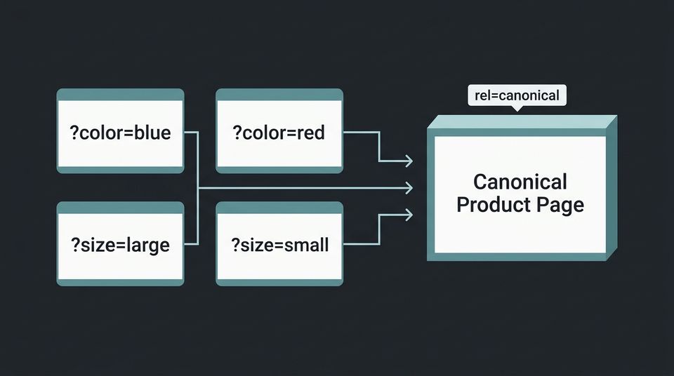 Diagram showing WooCommerce product variation URLs funneling to a single canonical product page