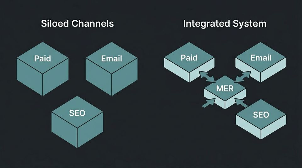 Diagram comparing disconnected channel silos versus an integrated marketing system with MER at the center