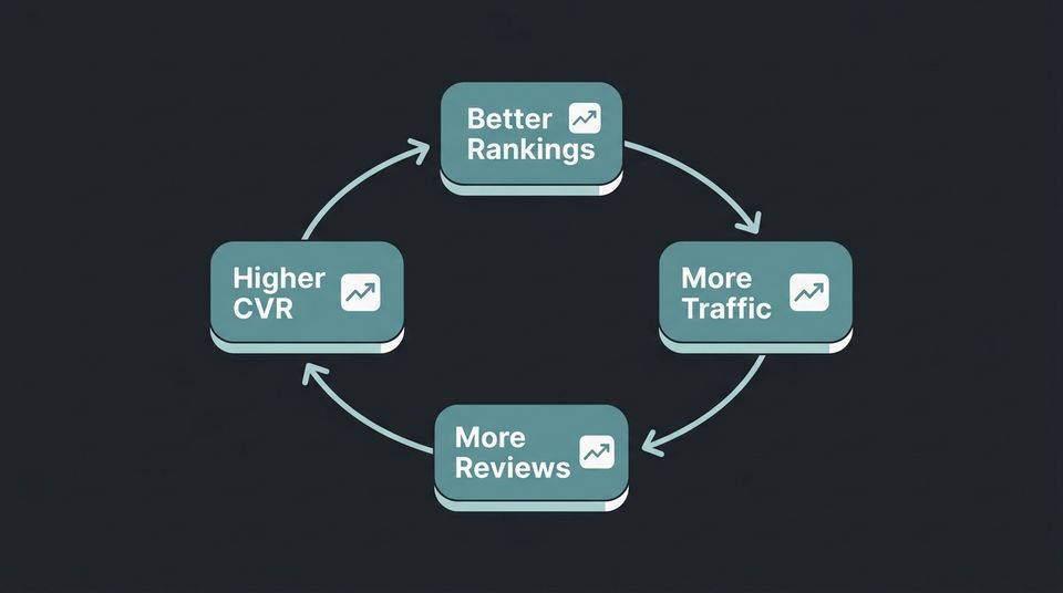 Circular feedback loop diagram showing the cycle between better rankings, more traffic, more reviews, and higher conversion rate