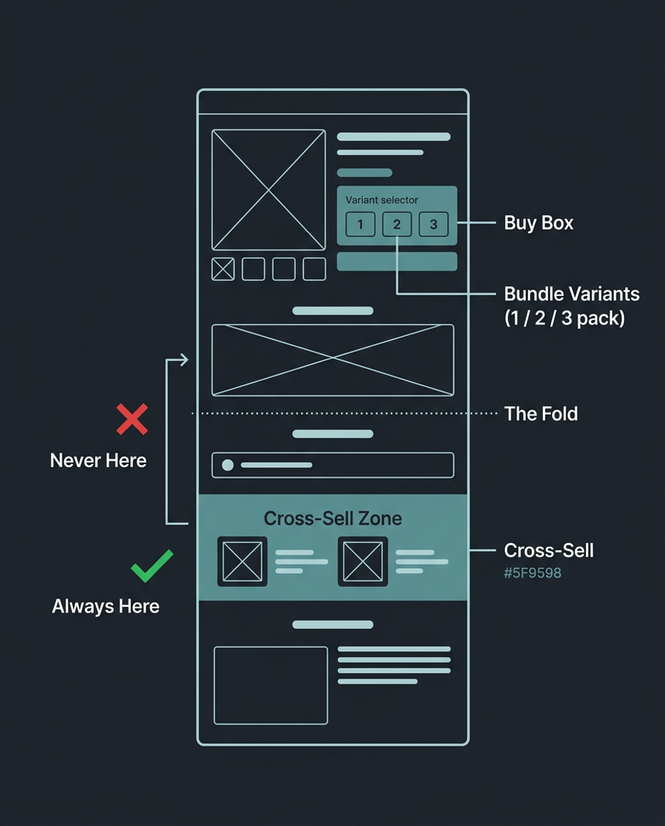 Product page layout diagram showing cross-sell modules placed below the fold and bundle options within the buy box variant selector