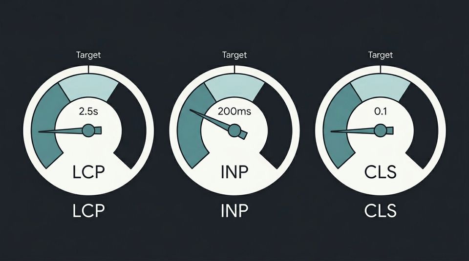 Dashboard showing three Core Web Vitals gauge meters for LCP at 2.5 seconds, INP at 200 milliseconds, and CLS at 0.1 with target thresholds