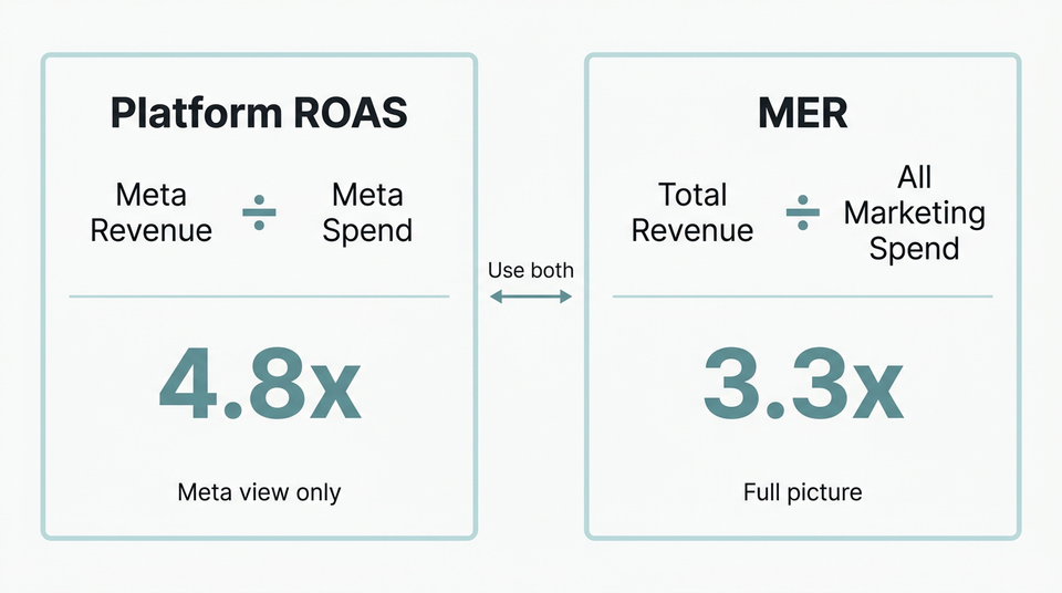 Side-by-side formula cards comparing Platform ROAS calculation showing 4.8x to Marketing Efficiency Ratio calculation showing 3.3x with worked example numbers