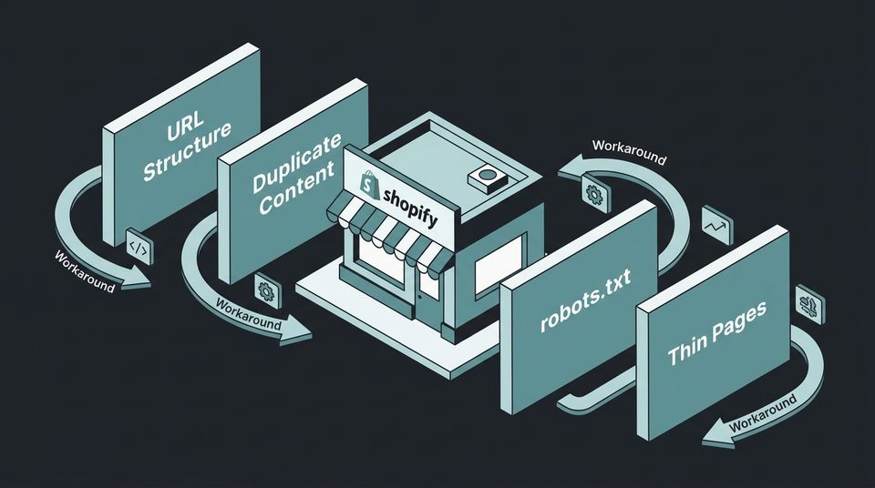 Isometric Shopify store illustration showing four SEO limitation walls with workaround arrows bypassing each one
