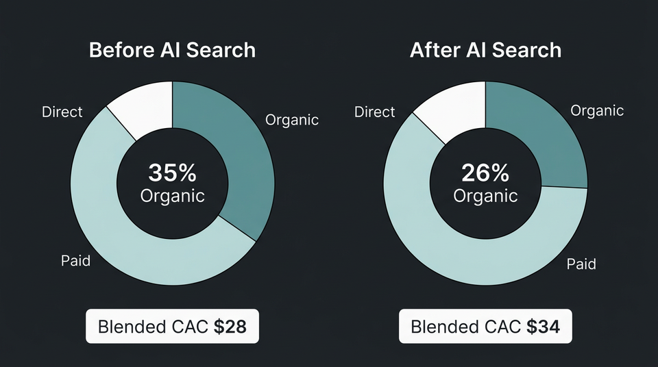 Two panel diagram showing DTC brand traffic mix shifting from 35 percent organic to 26 percent organic with corresponding CAC increase