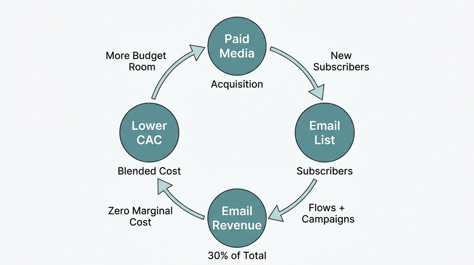 Circular diagram showing how paid media feeds the email list which generates retention revenue which lowers blended CAC