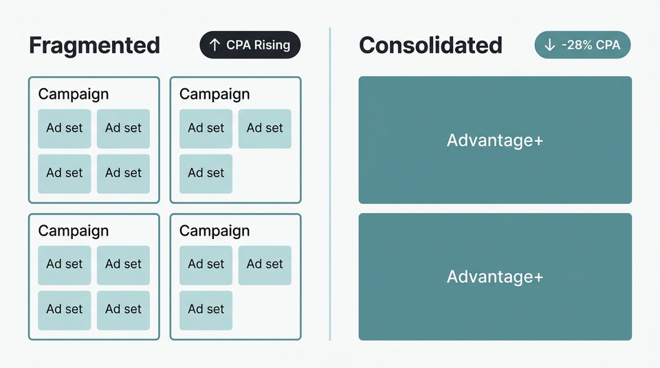 Side-by-side comparison of a fragmented ad account structure versus a consolidated Advantage+ campaign structure showing CPA improvement