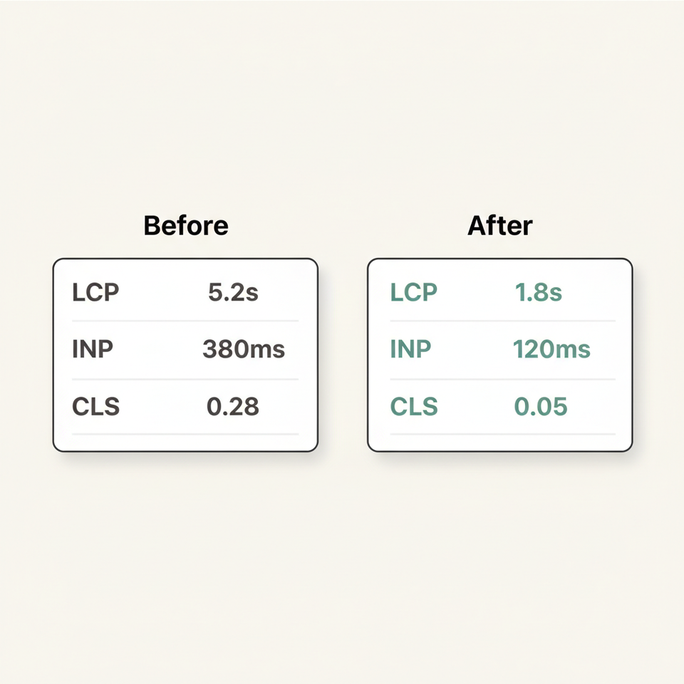 Two side-by-side Core Web Vitals score cards showing failing scores on the left and passing scores on the right