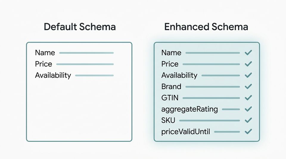 Side-by-side comparison of basic Shopify default schema with three fields versus enhanced schema with eight fields including aggregateRating and GTIN