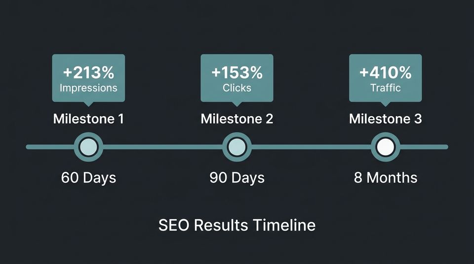 Horizontal timeline showing three SEO case study results at 60 days, 90 days, and 8 months with key metrics at each milestone